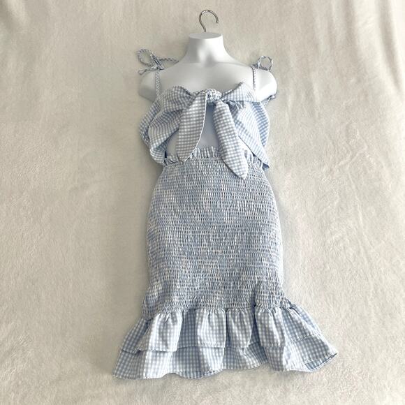 Mable Smocked Plaid Mini Dress S Blue Ruffled Cut-Out Tie Front Checker Coquette - Picture 2 of 9